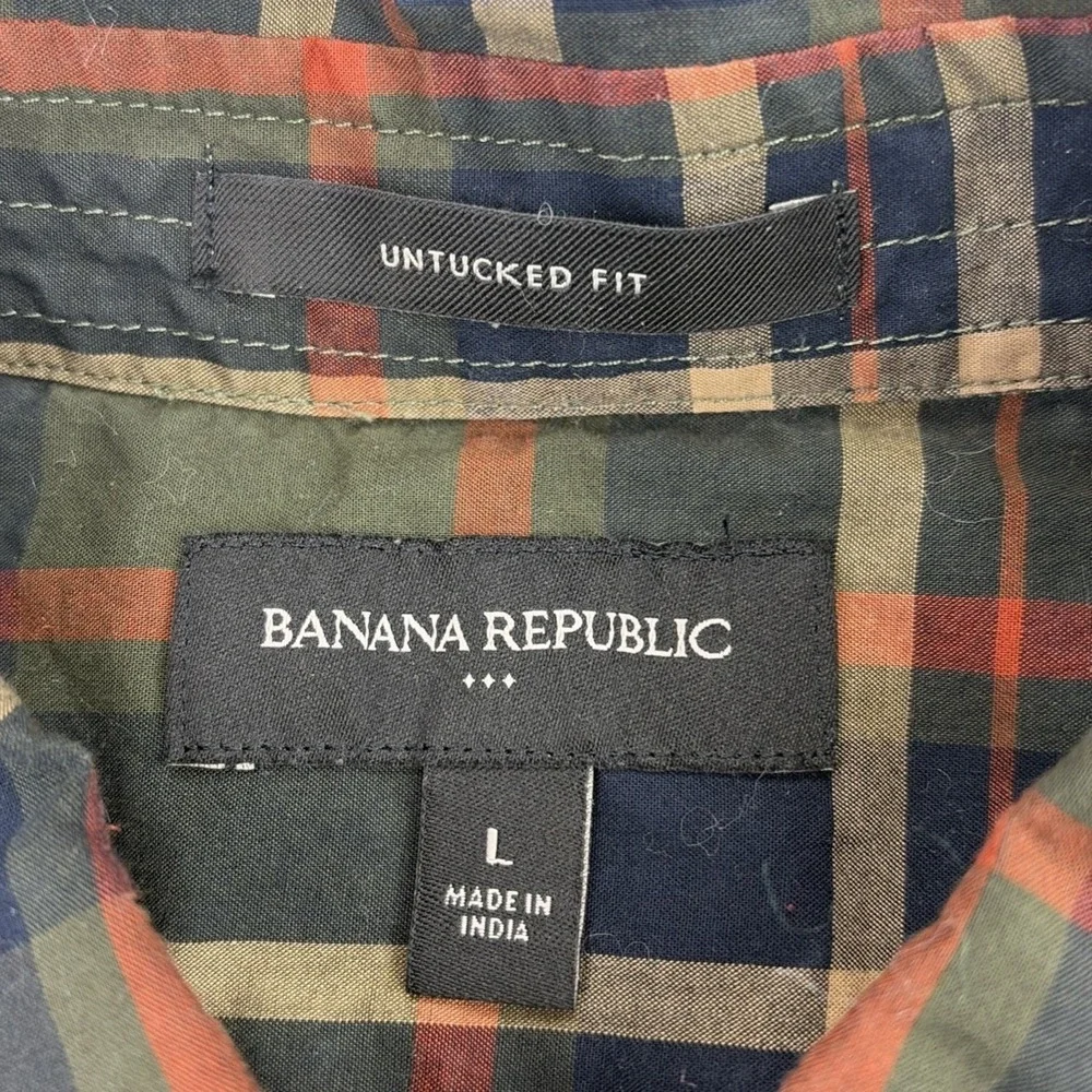 Banana Republic Untucked Fit Shirt Men's Large Plaid Green Blue Button Up